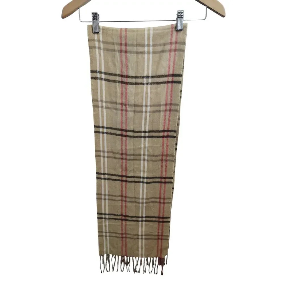 Vintage Cajon Plaid Fringe Scarf Beige Red Black Made in Italy